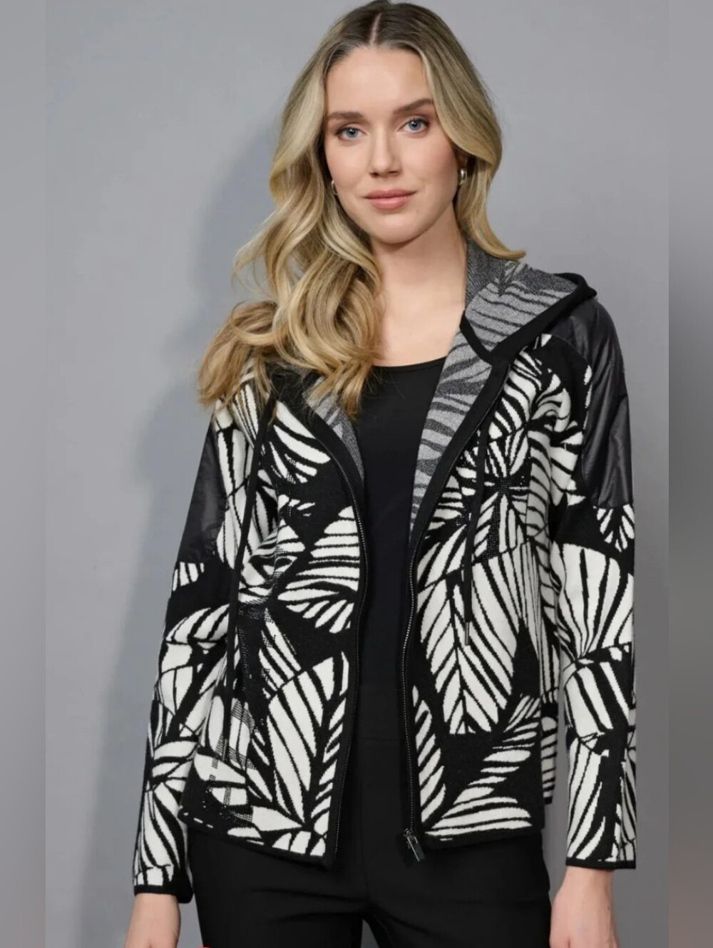 Black and White Leaf-Print Zip Hoodie Sweater